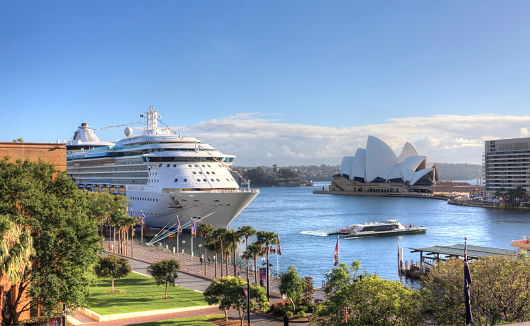 Part of Sydney Harbour Bridge with stone pillar, background with copy space, full frame horizontal composition