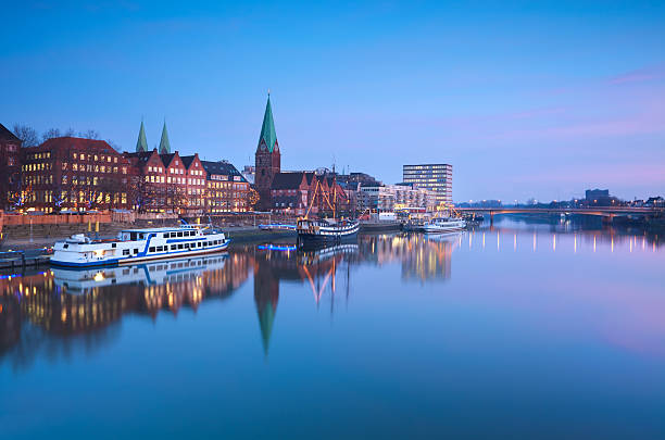 beautiful sunset over river in Bremen stock photo
