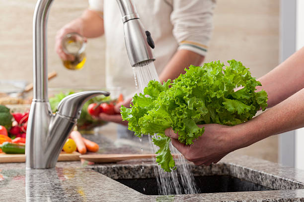 lavar legumes de salada - food hygiene imagens e fotografias de stock