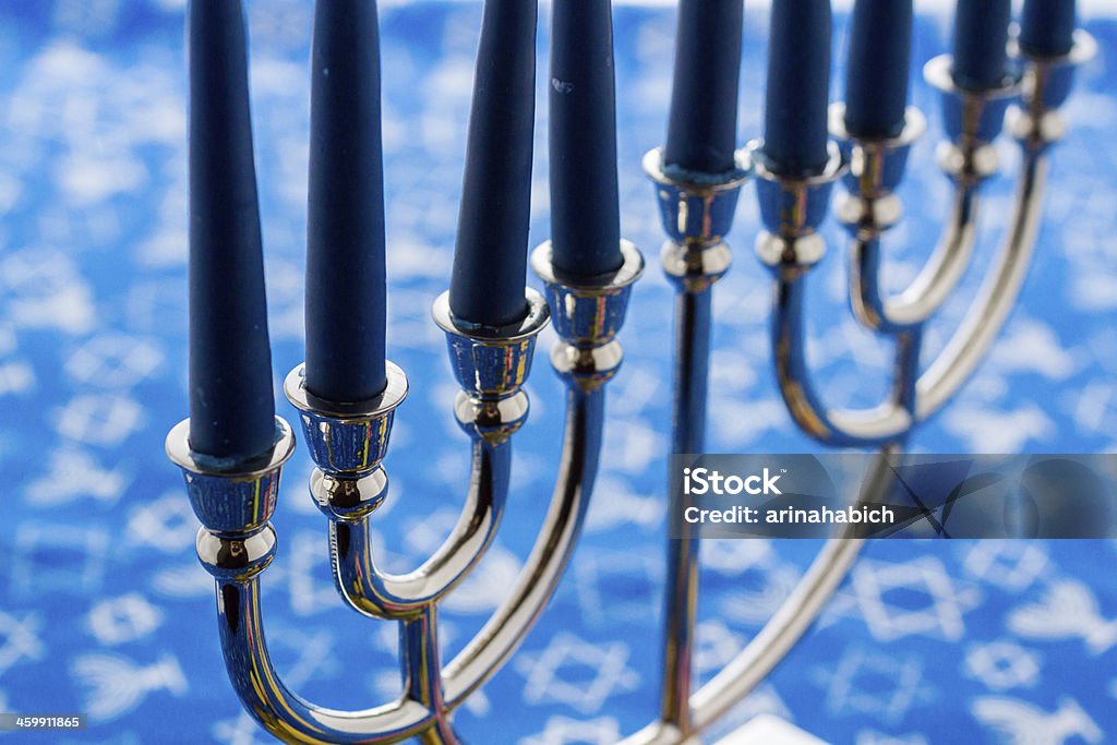 Hanukkah A still life composed of elements of the Jewish Chanukah/Hanukkah festival. Blue Stock Photo