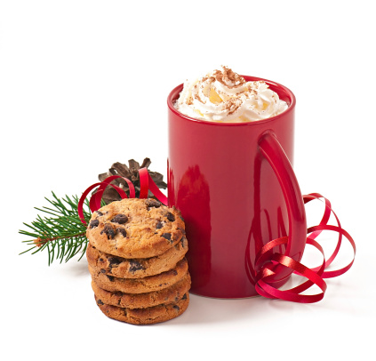 Christmas card with red coffee cup topped with whipped cream on white background