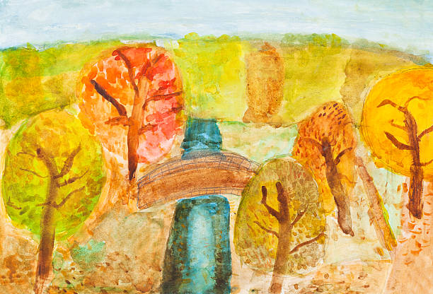 ребенка рисунок-река в осенний лес - child art childs drawing painted image stock illustrations