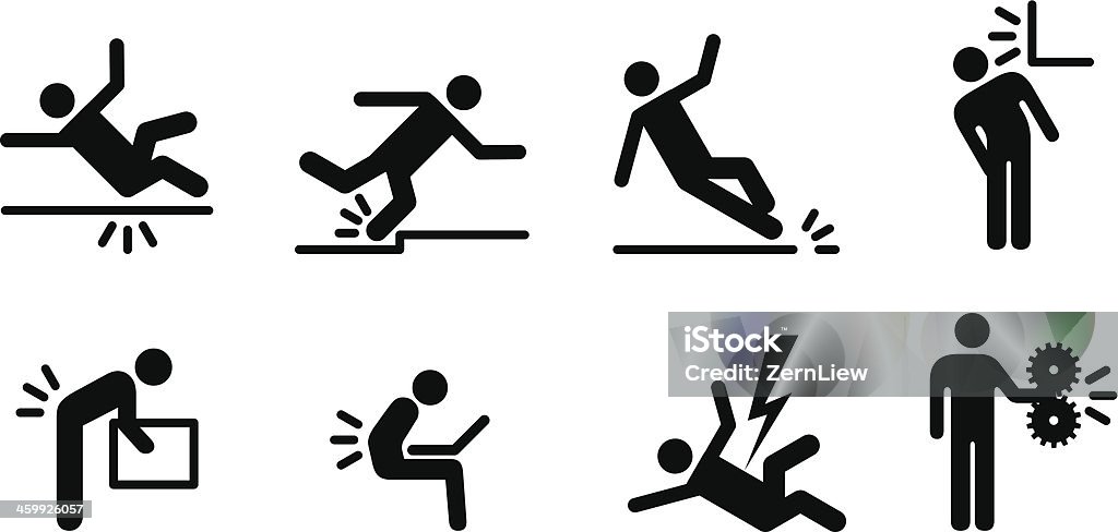 Workplace Hazards People icons: a variety of common accidents. Fall, trip, slip, hit head, back strain, back ache, electric shock, machinery. Icon Symbol stock vector