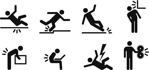 Workplace Hazards People icons: a variety of common accidents. Fall, trip, slip, hit head, back strain, back ache, electric shock, machinery. pain symbols stock illustrations