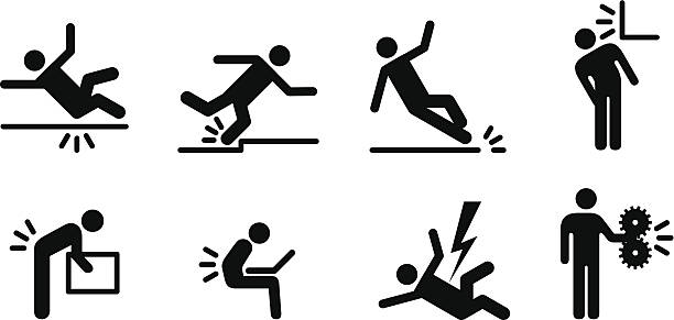 Workplace Hazards People icons: a variety of common accidents. Fall, trip, slip, hit head, back strain, back ache, electric shock, machinery. low quality of life stock illustrations