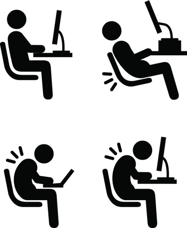People icons: a variety of common accidents. Fall, trip, slip, hit head, back strain, back ache, electric shock, machinery.