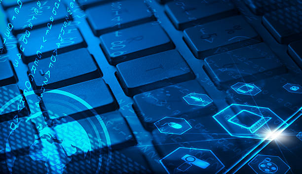 istock Keyboard with glowing business icons 459929759