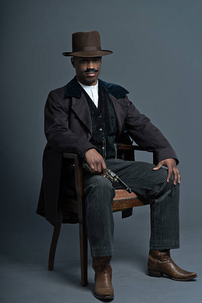 istock Retro afro america western cowboy man with mustache. 459930985
