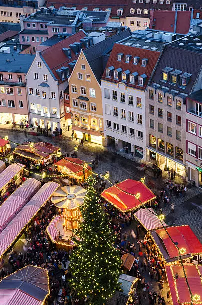 Aerial view of Christmas market (Christkindlmarkt) at the central district of Augsburg, Bavaria, Germany