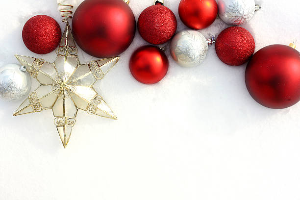 istock Red Christmas Bulbs and Star in White Snow Border 459931443