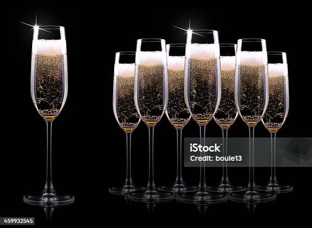 Champagne Glass On Black Background Stock Photo - Download Image Now - Alcohol - Drink, Anniversary, Banner - Sign