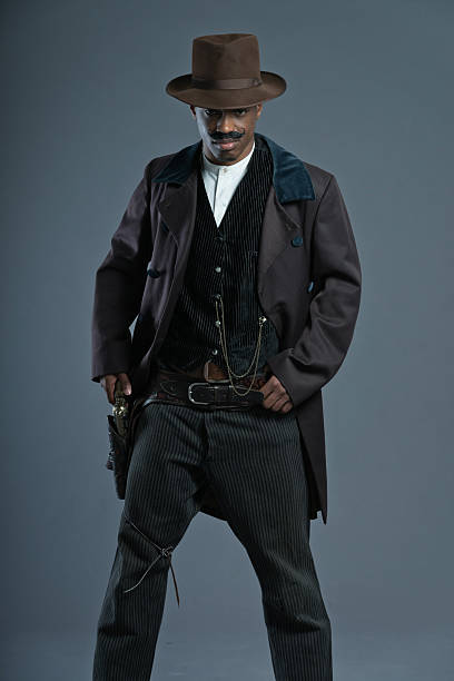 istock Retro Afro america western cowboy man with mustache. 459934621