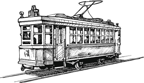 tramway Vector drawing of tram stylized as engraving. tram stock illustrations