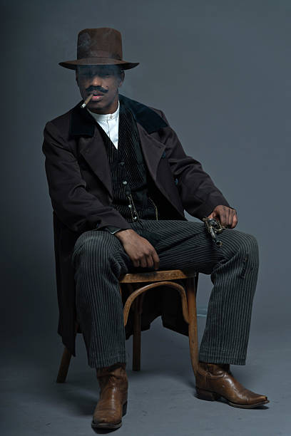 istock Retro afro america western cowboy man with mustache. 459935505