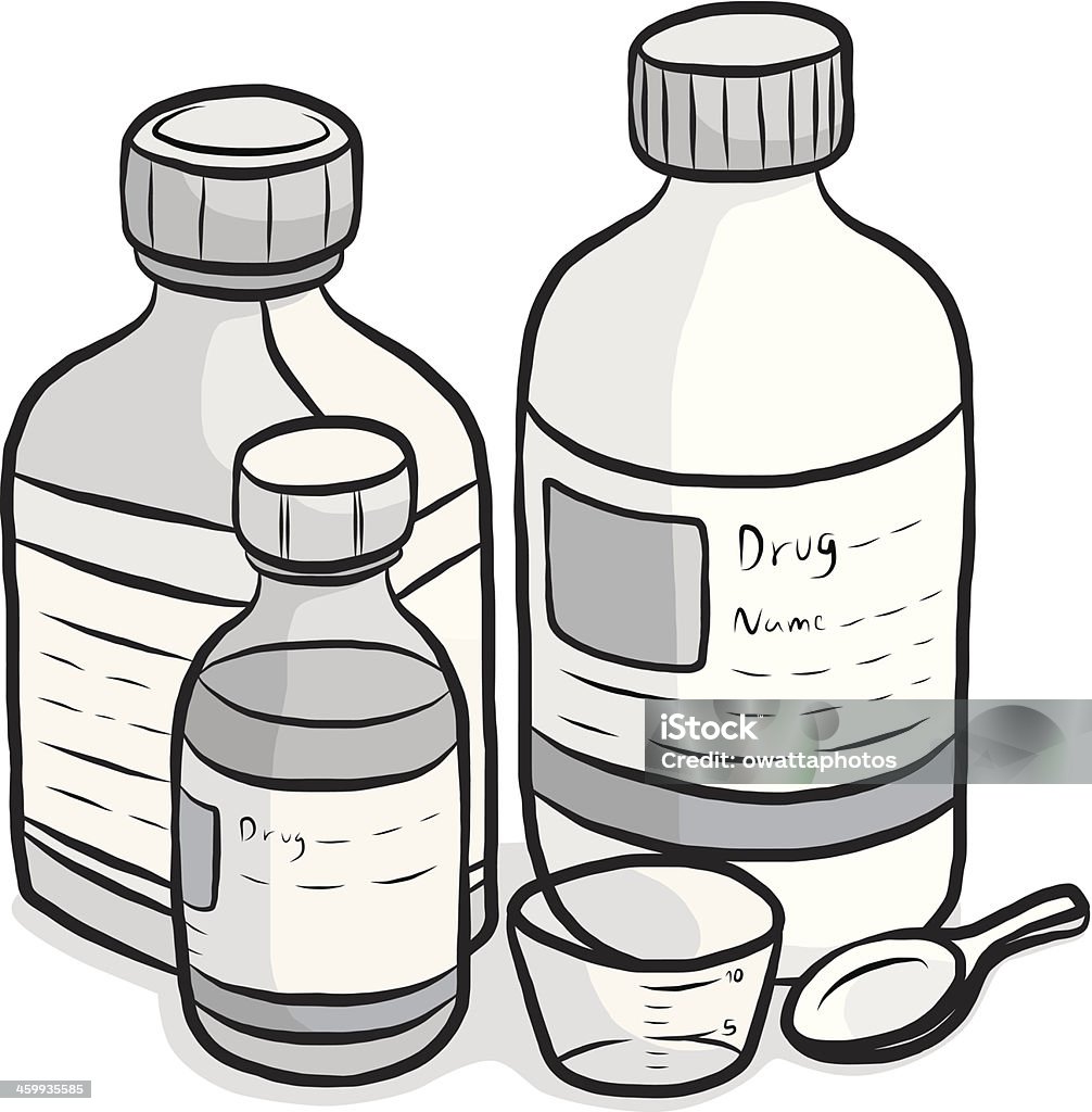 drug in bottles cartoon drug syrup in bottles with tea spoon and measuring cup / cartoon vector and illustration, isolated on white background. Drinking Glass stock vector