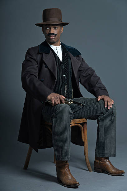 istock Retro afro america western cowboy man with mustache. 459935601