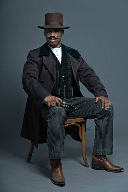 istock Retro afro america western cowboy man with mustache. 459935675