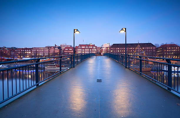 view on city Bremen from bridge in dusk