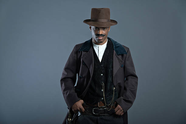 Retro Afro america western cowboy man with mustache. Wearing brown hat. Cool tough guy.