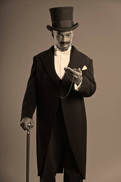 istock Retro afro american dickens scrooge man with mustache. 459936771