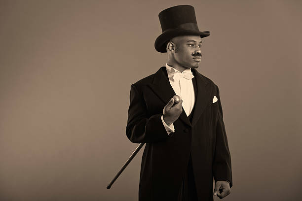 istock Retro afro american dickens scrooge man with mustache. 459937037