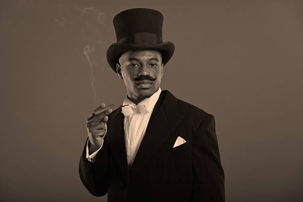 istock Retro afro american dickens scrooge man with mustache. 459937851