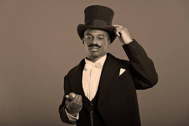 istock Retro afro american dickens scrooge man with mustache. 459937917