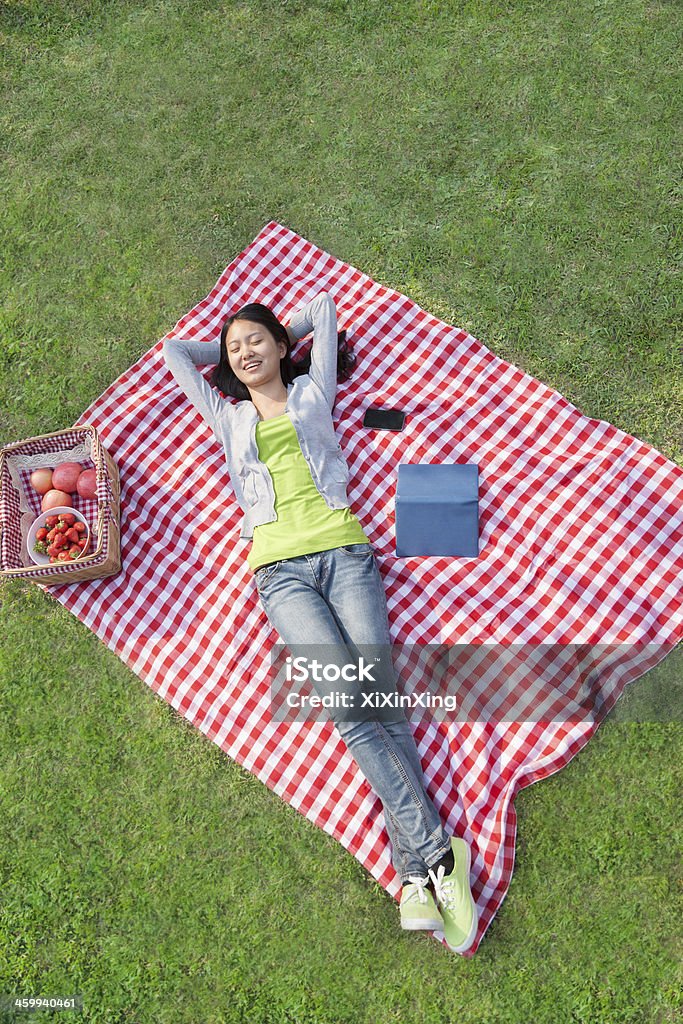 Smiling young woman lying on her back Smiling young woman lying on her back with arms behind her head on a blanket and relaxing in the park Picnic Stock Photo