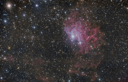 This is picture of the Flaming Star Nebula (IC 405) in the constellation Auriga. That emission / reflection nebula, surrounding bluish star AE Aurigae is approx 1500 light years away from the Earth. Image taken with modified Canon EOS 40D and newtonian telescope 600mm f/4.