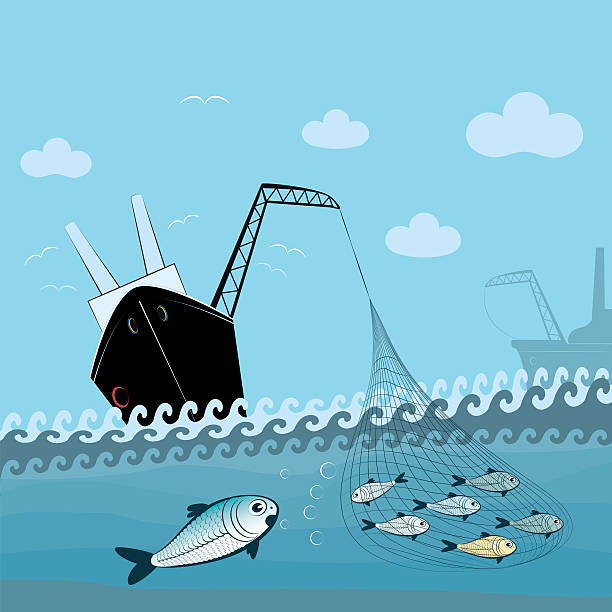 fishing vector illustration of a fishing scene with a big fishing boat that catchs some little fishes with a fishing net, big fish is watching the scene fish trawler stock illustrations