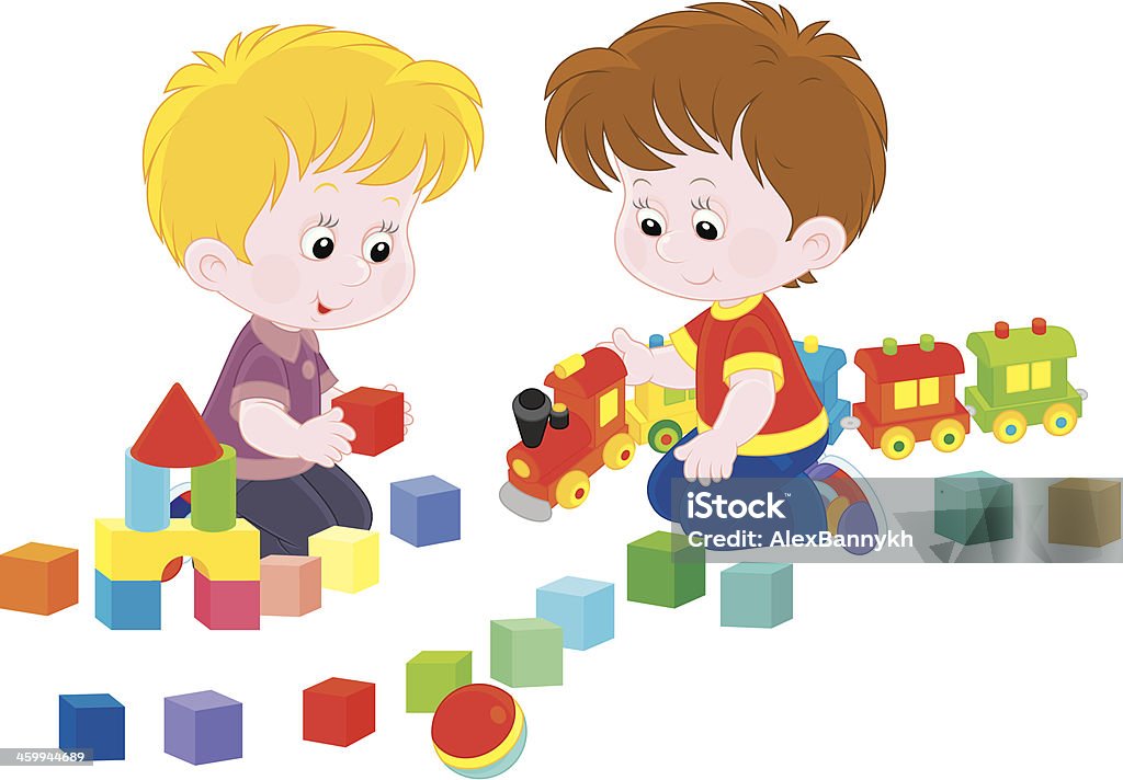 Children playing Little boys play with a toy train and bricks Miniature Train stock vector