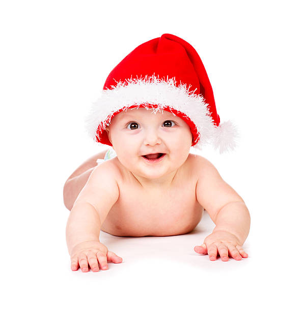 istock Christmas baby in Santa Claus hat 459949313