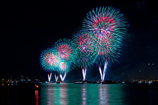 Hoboken, NJ, USA - July 4, 2011: Independence Day Fireworks observed from Hoboken across the Hudson River