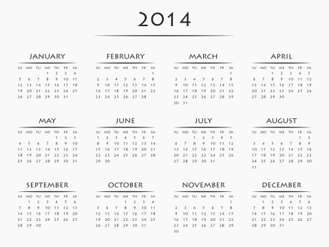 Black and white calendar for 2014