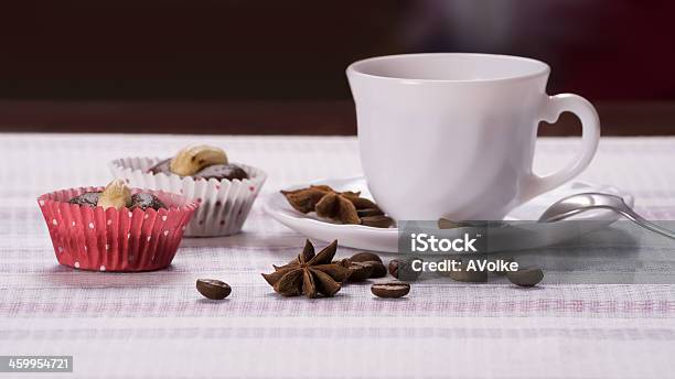 Cup Of Coffee Decorated Beans And Star Anise Stock Photo - Download Image Now - Almond, Anise, Black Color