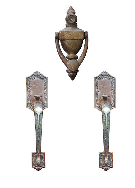 istock Old grunge peephold and door handle on white 459954805