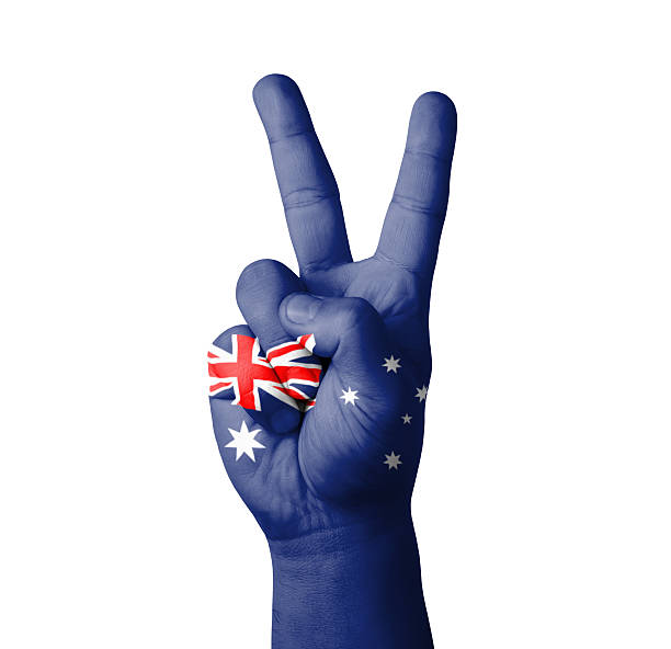 istock Hand making the V sign, Australian flag painted 459955529