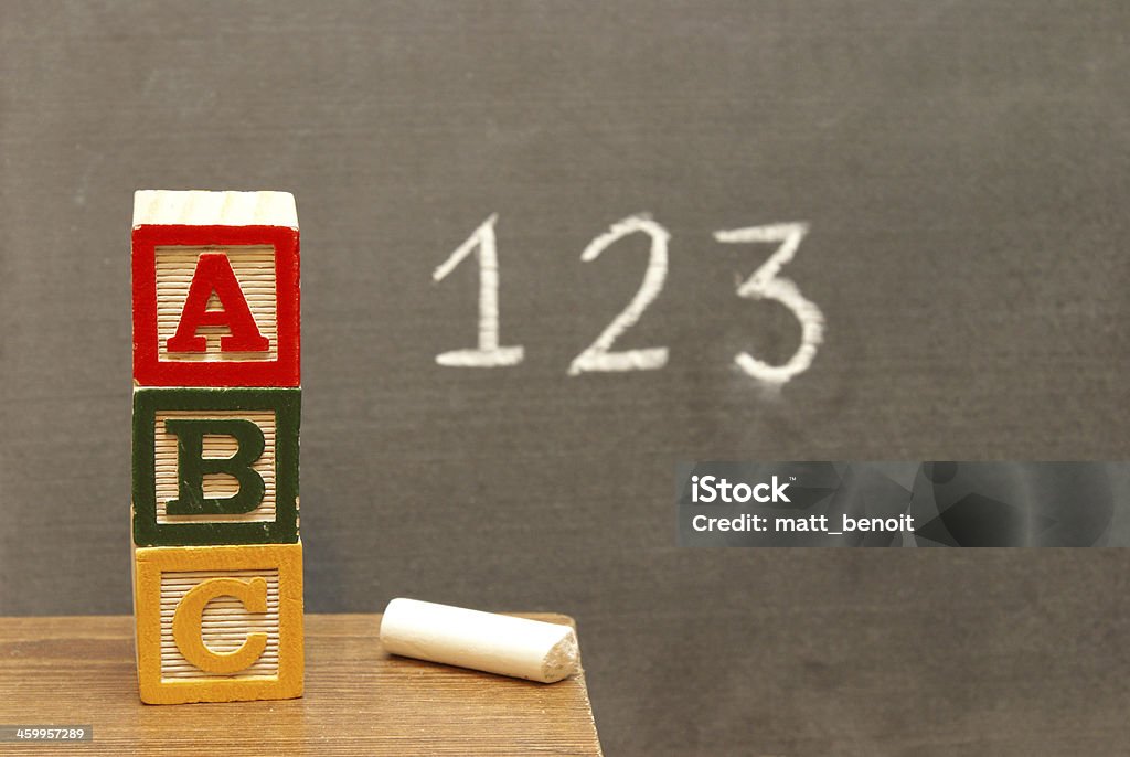 Basic Learning Alphabet blocks and numbers wrote on the chalkboard for learning the basics of the english language. Alphabetical Order Stock Photo