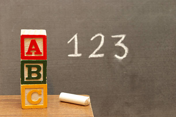 Basic Learning Alphabet blocks and numbers wrote on the chalkboard for learning the basics of the english language. alphabetical order stock pictures, royalty-free photos & images