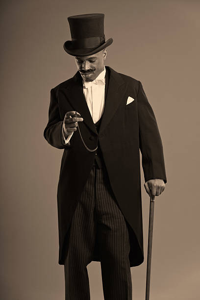 Retro afro american dickens scrooge man with mustache. Wearing black hat. Looking at his timepiece.