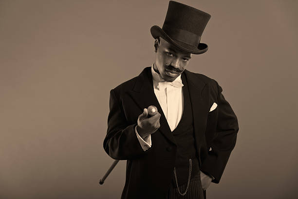 istock Retro afro american dickens scrooge man with mustache. 459959509