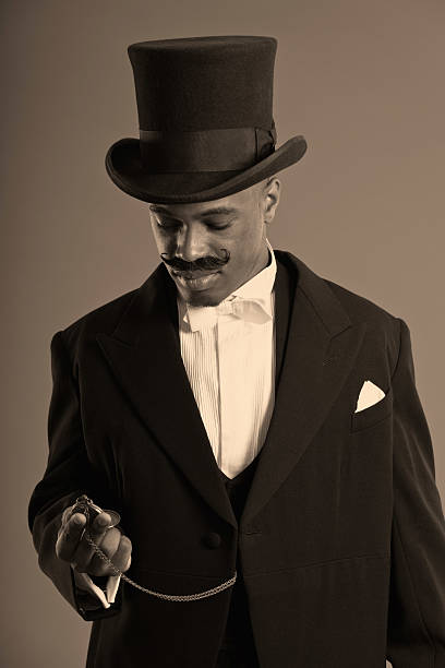 istock Retro afro american dickens scrooge man with mustache. 459959517
