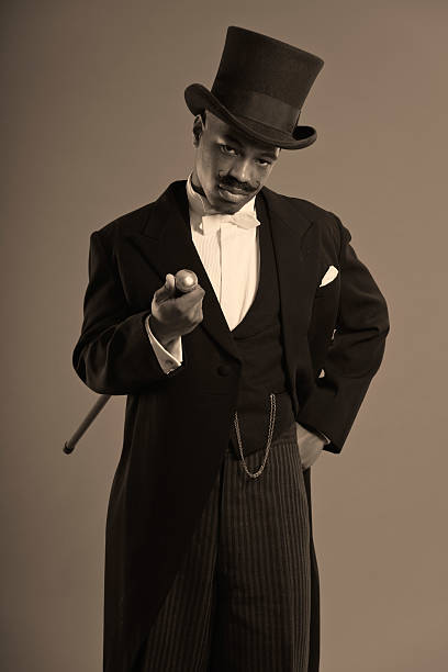 istock Retro afro american dickens scrooge man with mustache. 459959533