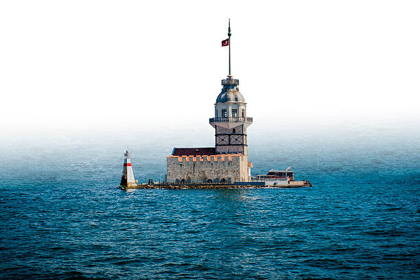 Maiden's Tower, Istanbul Famous Maiden's Tower (Kız Kulesi), also known as Leander's Tower, in Istanbul, Turkey. Isolated against white gradient. maiden stock pictures, royalty-free photos & images