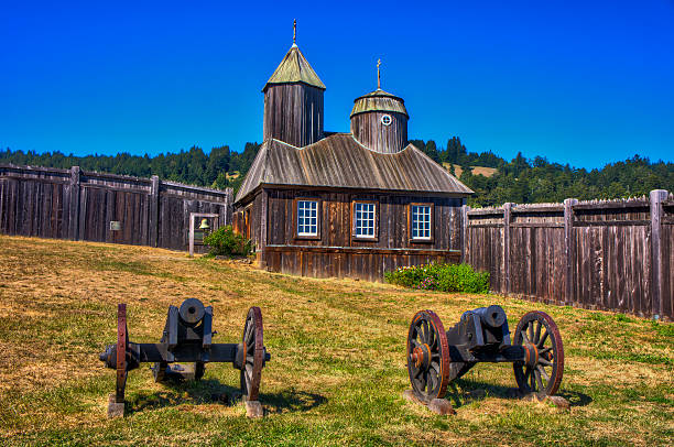 Old Russian cannons in front of the Chapel of Fort Ross in Former Russian-American Company trading post and fortress.