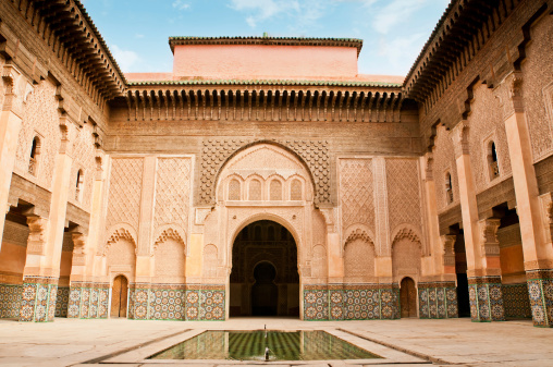 Atrium of Ben Youssef Madrassa, an old university that today is a museum in Marrakesh.