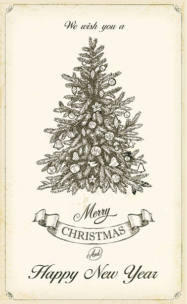 Old Christmas postcard with Christmas tree and happy wishes vector art illustration