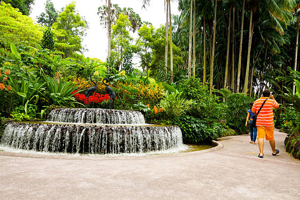 Singapore, Singapore - September, 5th 2012: Tourists are walking in Botanic Garden of Singapore. They are entering orchid garden and passing small fountain.