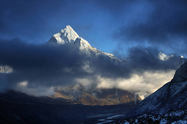 Himalayas mountain landscape. Sunset light on Ama Dablam stock photo