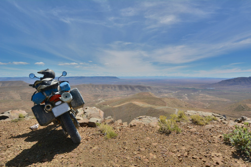 adventure motorcycle overlooks an amazing view of the karoo